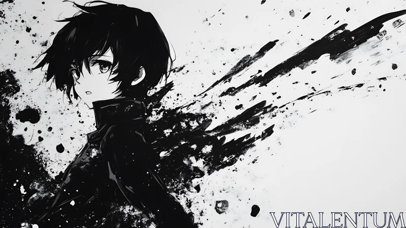 Ink-splashed anime portrait of lone youth in motion.
