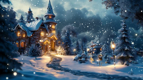 Snowfall illuminates a stylized winter cottage with warm emissive lighting