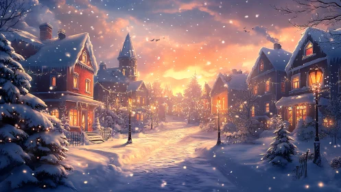 Snowy village street glowing with cozy winter lights.