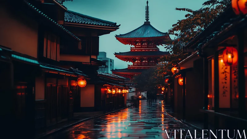 Traditional pagoda street at dusk with wet reflective path.