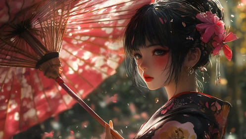 Elegant kimono girl holding red parasol in soft light.