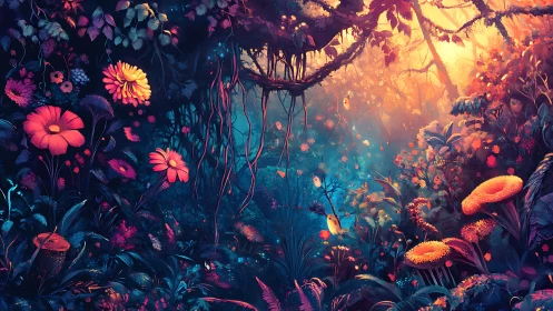 Luminescent Garden: Dark Forest with Glowing Blooms.