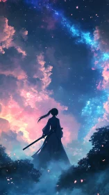 Celestial katana silhouette beneath chromatic nebula canopy.
