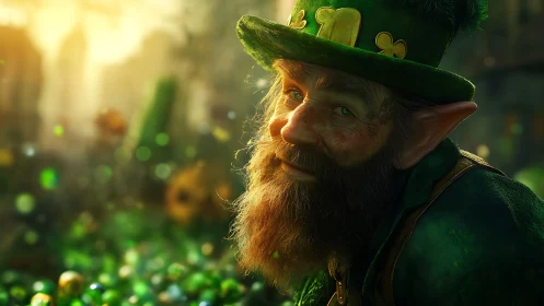 Leprechaun portrait in golden bokeh with emerald depth of field