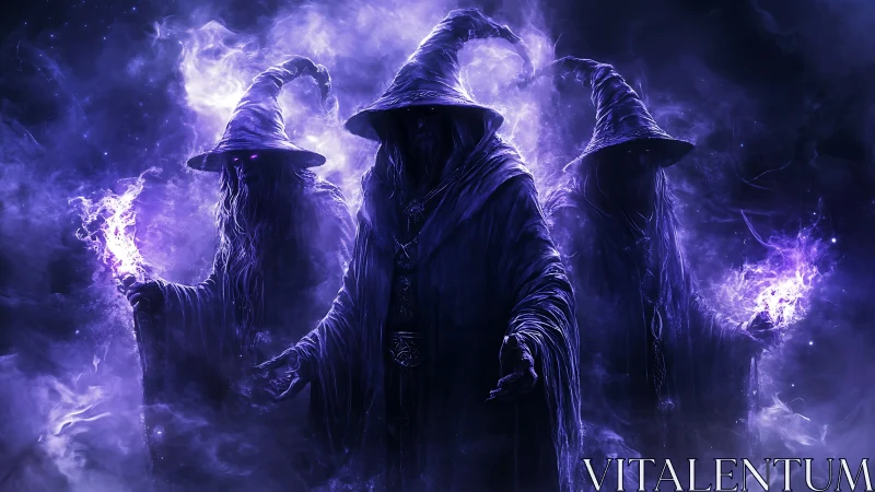 Triad of spectral sorcerers channeling violet arcane energy
