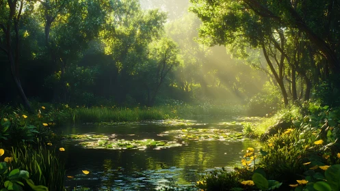 Sunlit forest creek with lily pads and dense summer foliage.