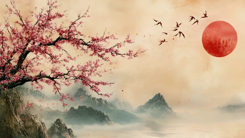 Serene cherry blossoms over misty peaks at crimson sunrise.