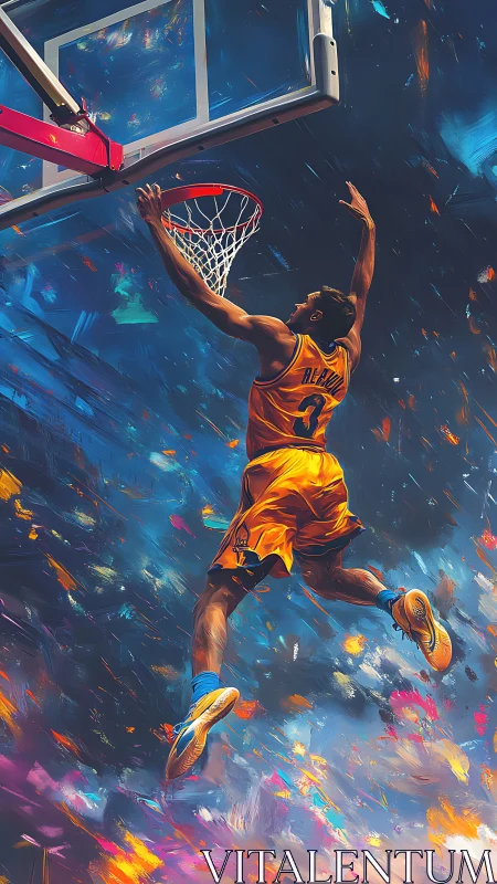 Dynamic basketball dunk rendered in vibrant angular digital brushwork