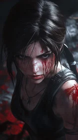 Battle-hardened heroine pauses with fierce, determined focus