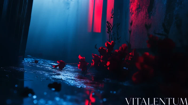 Crimson petals on wet concrete under neon corridor glow.