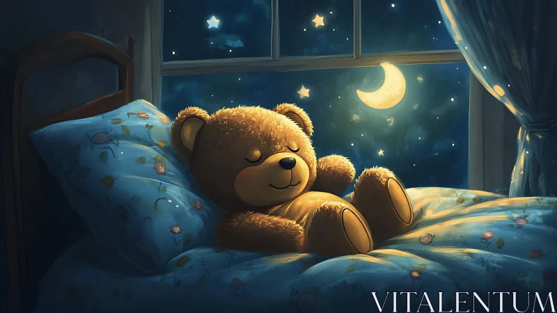 Teddy bear sleeps on child’s bed under moonlit night
