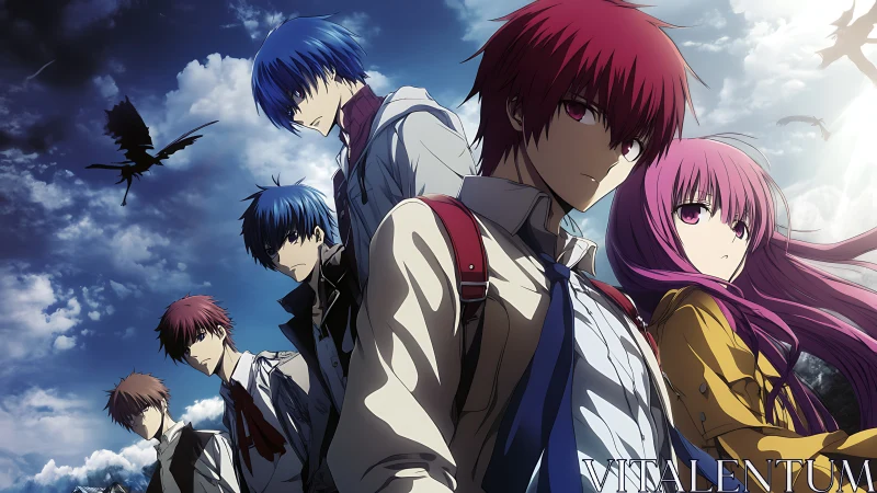 Stormy sky friends standing strong in anime adventure.