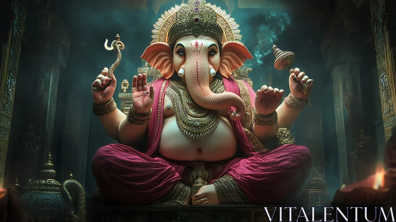 Majestic Ganesha idol in ornate temple with glowing incense.