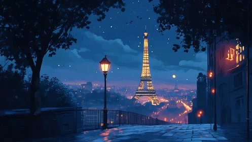 Eiffel Tower viewed from elevated Paris street at night.