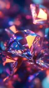 Colorful faceted crystals in soft neon bokeh light.