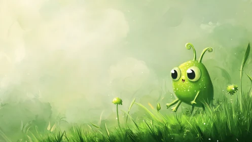 Gentle green critter wandering through a misty meadow day.