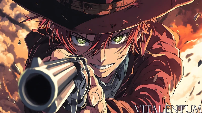 Fiery-eyed anime gunslinger racing through a storm of dust.