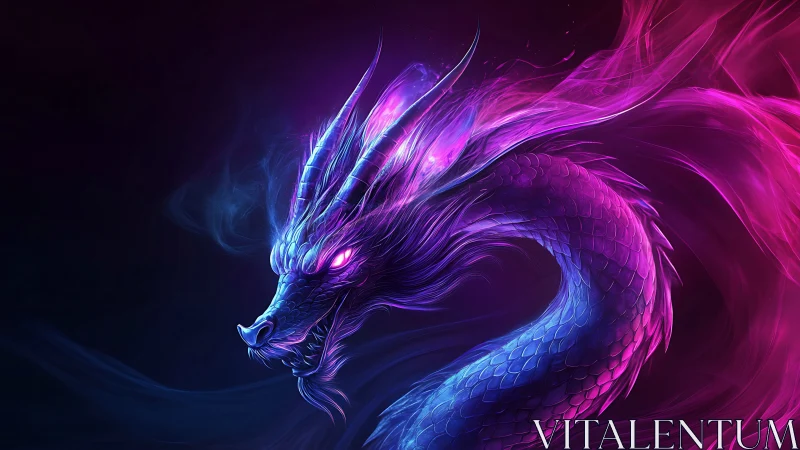 Luminous neon dragon coils through swirling cosmic mist