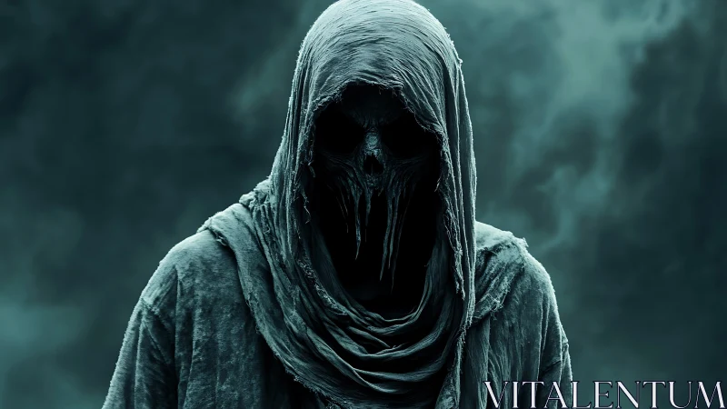 Hooded wraith statue looms in teal mist, eroded visage.