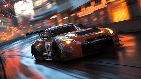 Orange GT race car powers through wet neon city track.