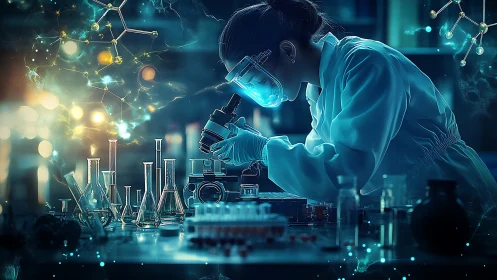 Scientist at microscope in glowing futuristic lab environment.