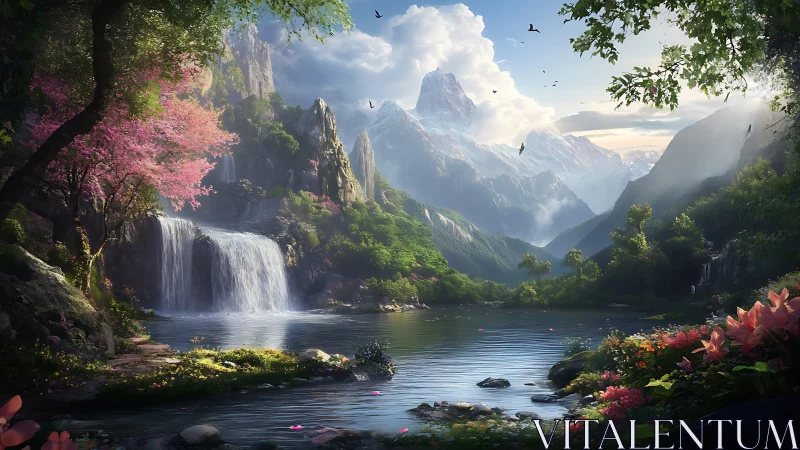 Enchanted mountain valley with waterfall and crystal lake.