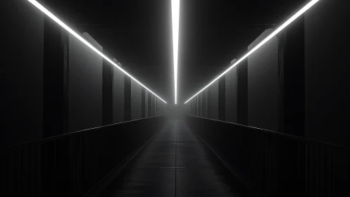 Linear illuminated corridor recedes into central vanishing point