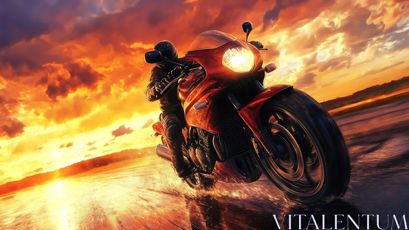Motorcycle on wet road under vivid orange sunset sky.