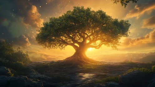 Sunlit guardian tree cradles the last glow of a dreaming day