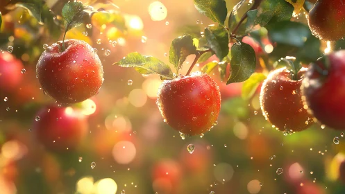 Sunlit red apples with water droplets on orchard branches.