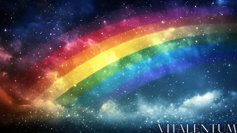 Spectral seven-band rainbow arc across luminous starfield