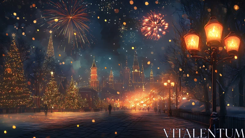 Urban winter square with fireworks and seasonal lighting.