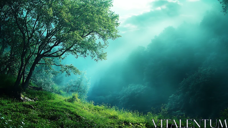 Misty valley with verdant slopes and sunlit canopy opening