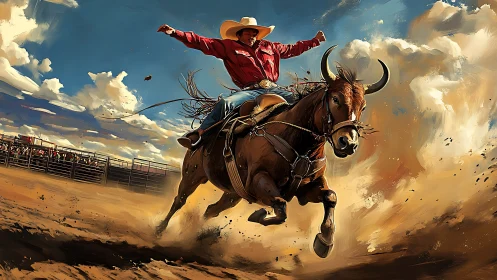 Dust-charged rodeo bull charge with triumphant cowboy rider.