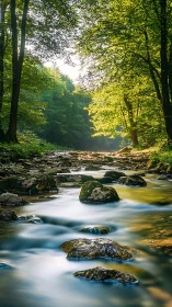 Sunlit forest stream stretches like poured liquid glass