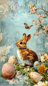 Textured spring vignette presents rabbit, ornate eggs, and blossoms