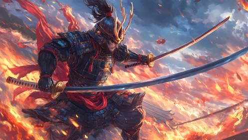 Armored samurai duelist amid combustion-drenched battlefield sky.