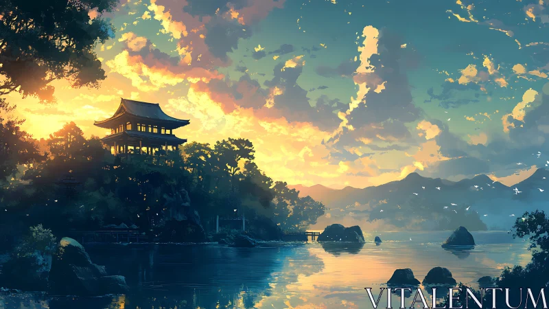 Lake sunset with hilltop pagoda and distant mountains.