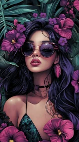 Digital painting portrait in lush tropical floral framing.