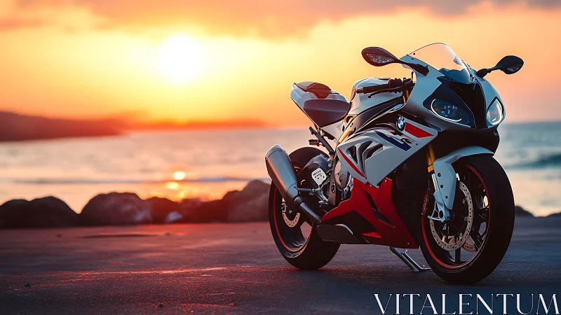 Sport motorcycle stands on coastal road at bright sunset