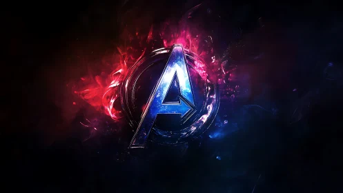 Chromatic metallic A emblem amid cosmic energy burst.