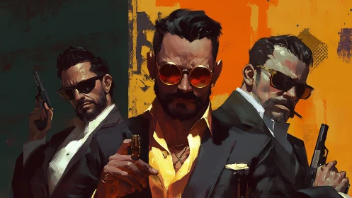 Stylized gunmen in suits against split teal orange backdrop.