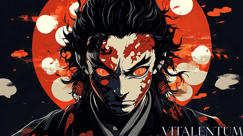 Intense anime warrior under red moon with stylized flames.