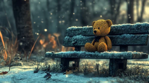 Textured teddy bear on frosted wooden bench in winter dusk