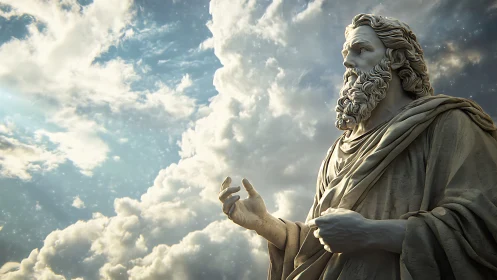 Stone bearded statue against expansive cloudy sky backdrop.
