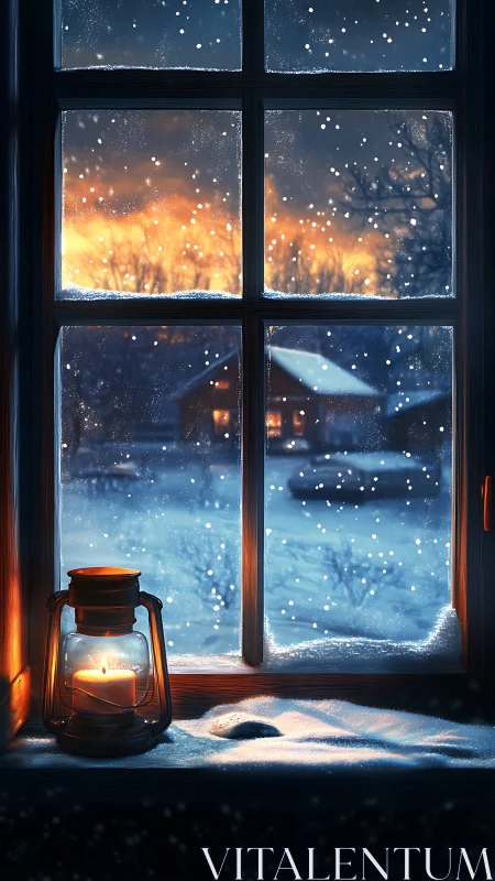 Lantern hush against a snowlit cabin sunset window glow.