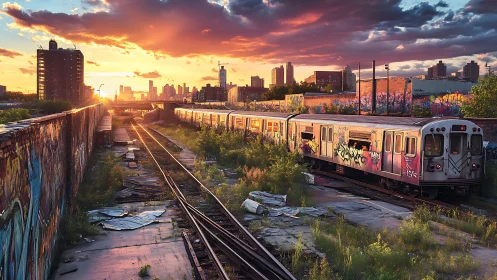 Sunset graffiti trainyard humming at the edge of the city.