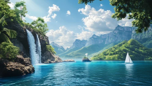 Tranquil tropical cove with waterfall, sailboat, and blue sea.