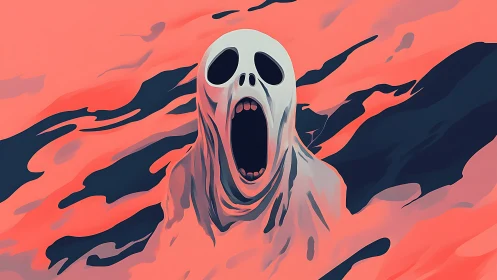 White shrouded figure with open mouth occupies central frame