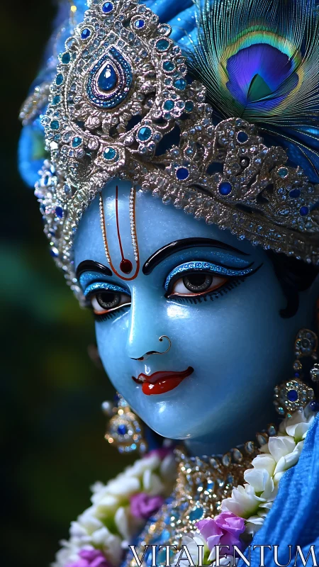 Blue Hindu deity statue in ornate jeweled headdress.